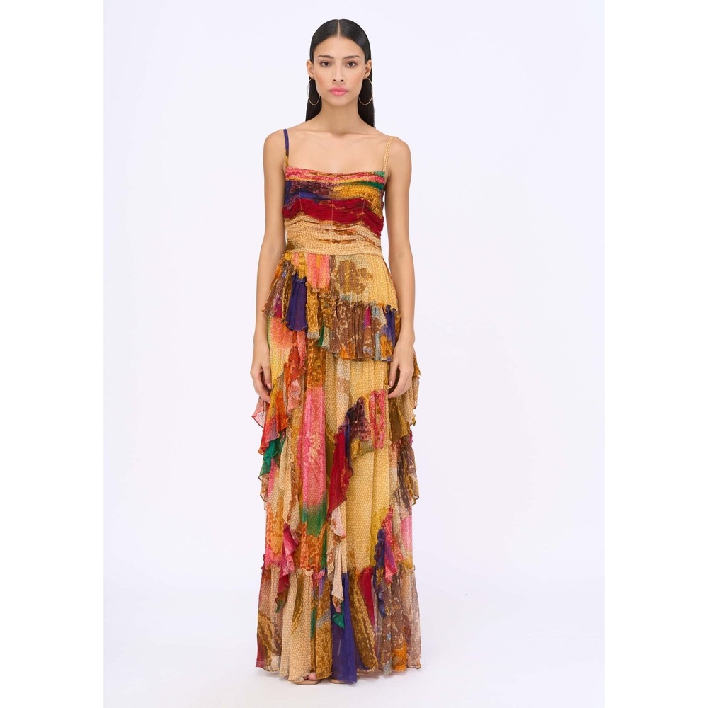 Siddhartha Bansal Paradise Chiffon Maxi Dress Multicolor Tiered Ruffle Small